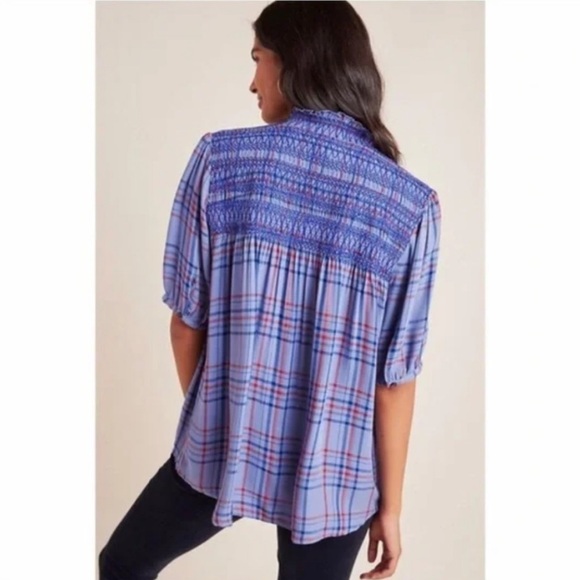 Anthropologie Maeve Lise Smocked Plaid Short Sleeve Button Up Blouse - Picture 3 of 10